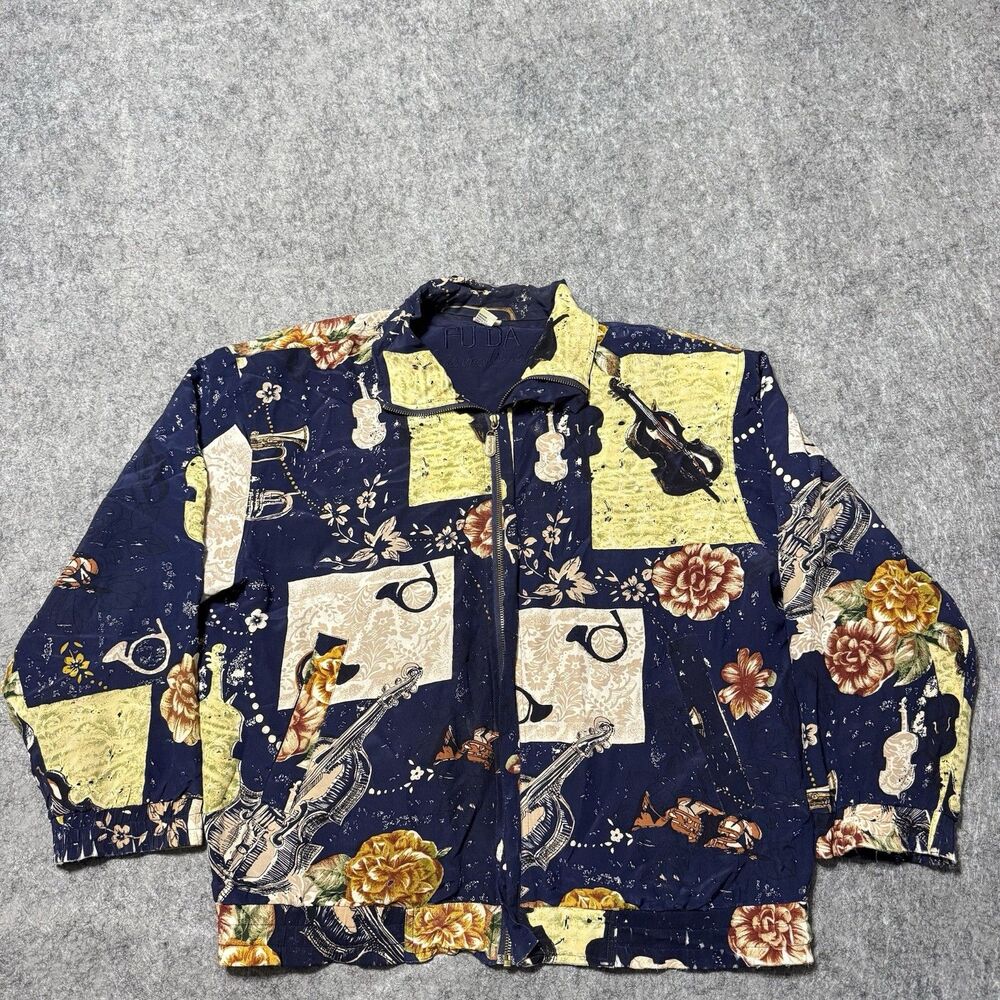 Vtg 90s Fuda Silk Bomber Jacket Womens L Blue Classical Music Violin Print